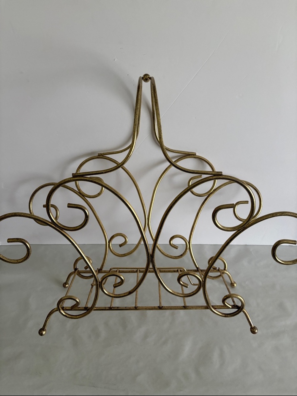 Hollywood Regency Record Magazine Rack Gold tone French Scrolled Mcm 19×17"